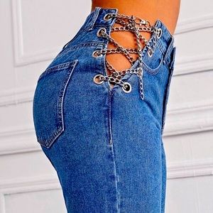 Denim Eyelet chain lace up jeans
